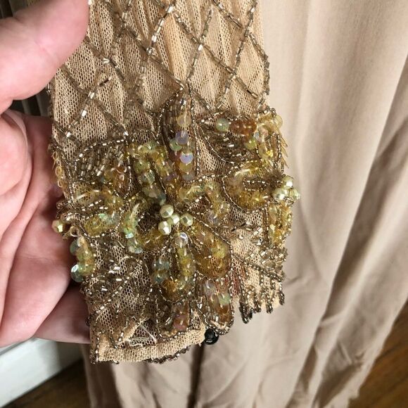 Jovani Evening Long Sleeve Beaded Illusion Beige Gatsby Deco Formal Keyhole Gown - Picture 4 of 15